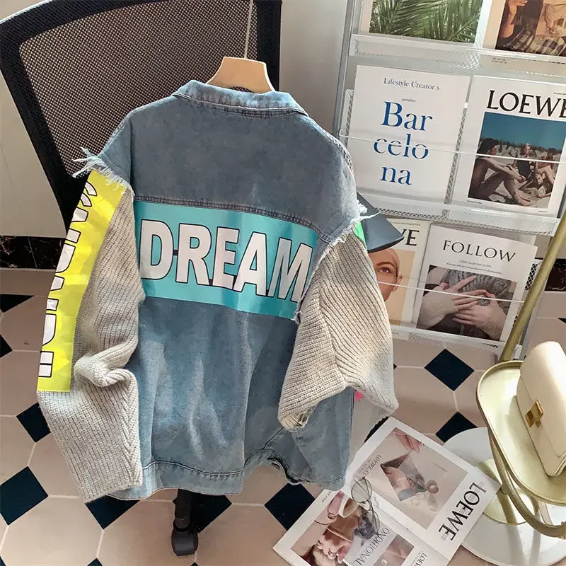 Женская розовая вязаная джинсовая куртка с прострочкой свободная верхняя одежда