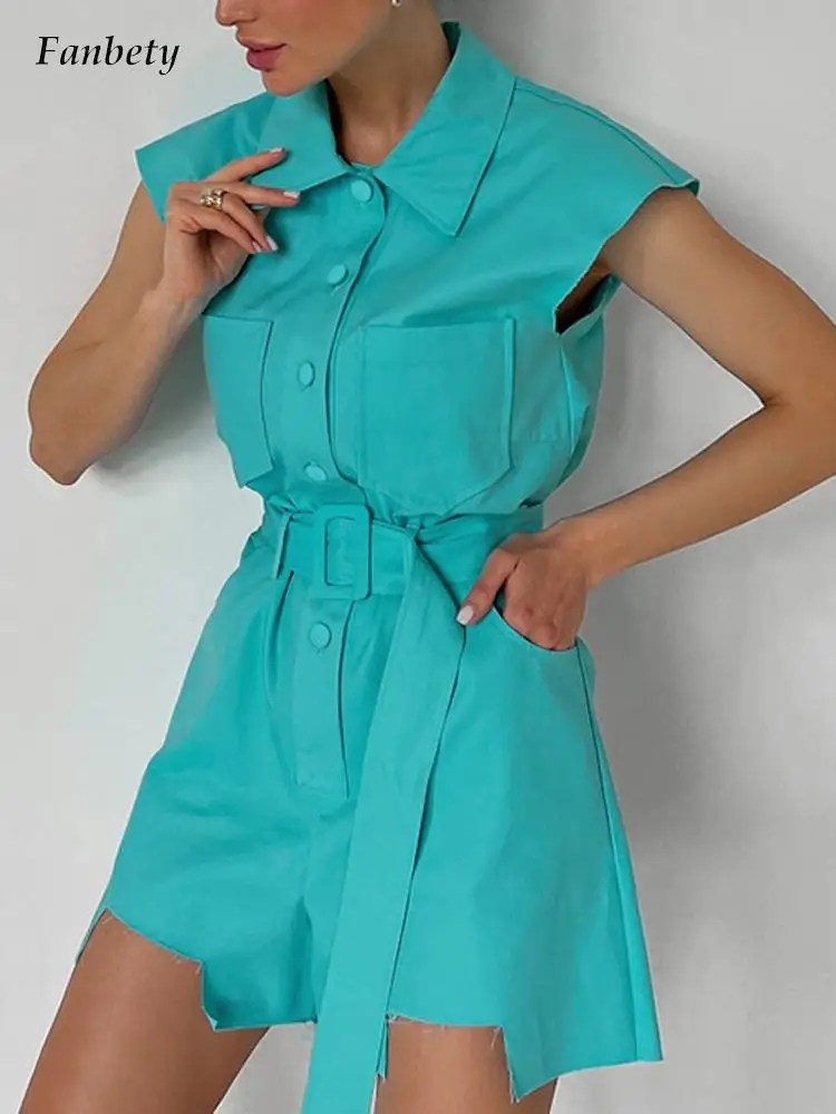 

Fashion Lapel Button Short Jumpsuits Elegant Sleeveless Solid Shirts Romper Summer Women Casual Lace-up Belt Playsuits Overalls