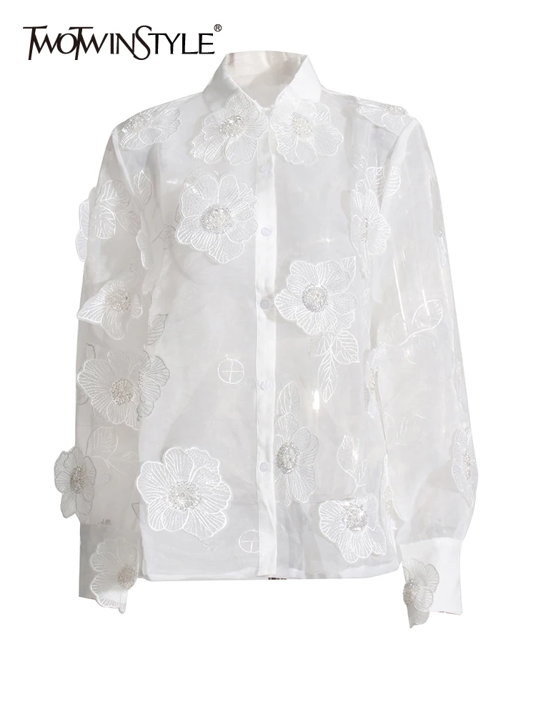

TWOTWINSTYLE Solid Patchwork Appliques Loose Casual Shirts For Women Lapel Long Sleeve Spliced Single Breasted Shirt Female 2023