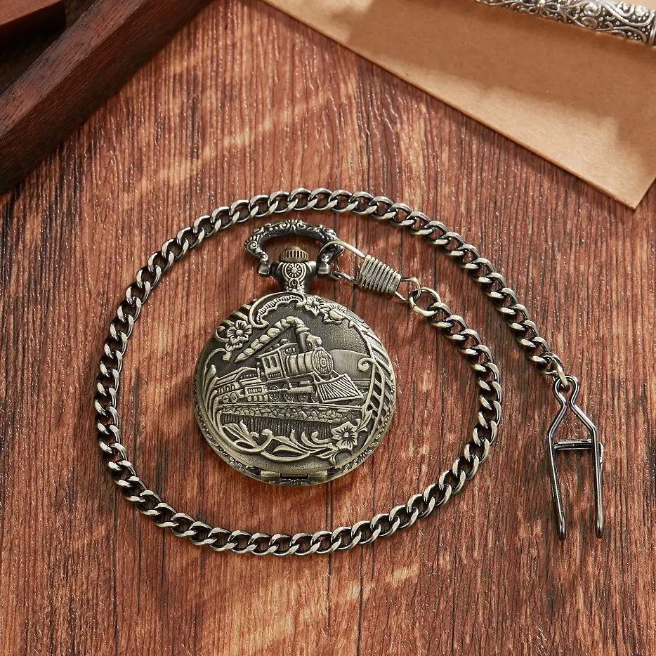 Antique Bronze Locomotive Mechanical Pocket Watch Women Necklace Chain Rtero fob watches gifts