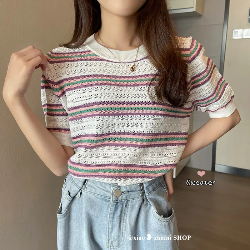 

Ice Silk Retro Color Contrast Stripe Short Sleeve T-shirt Women's Spring and Summer New Design Round Neck Slim Fitting Top