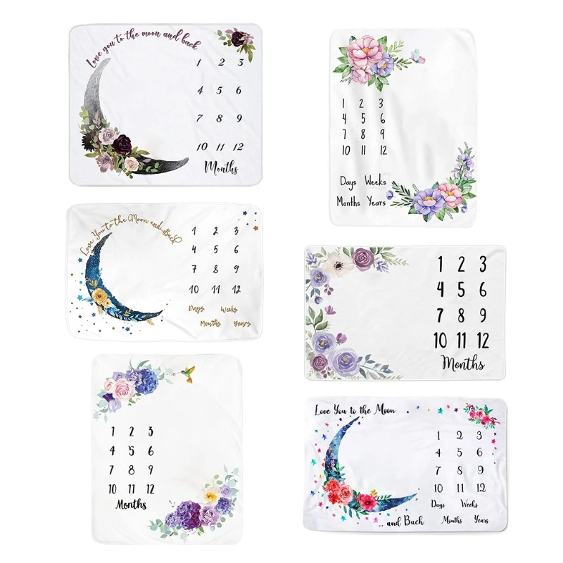 

Baby Month Milestone Blanket Monthly Record Growth Blanket Newborn Soft Flannel Floral Printed Wreath Swaddle Wrap Photography 6