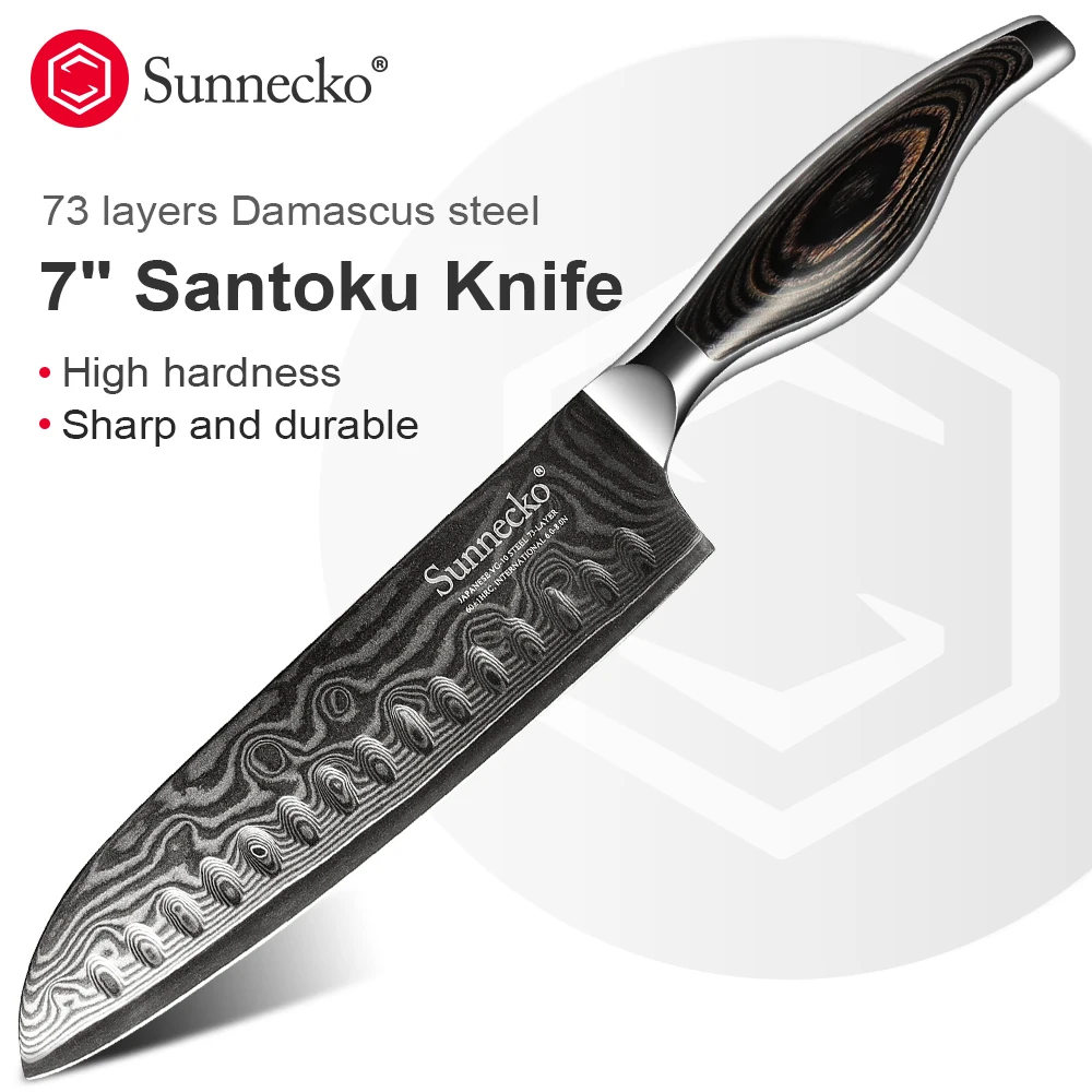 

Sunnecko 7" Damascus Steel Santoku Kitchen Knife Unique Design Pakka Wood Handle Japanese VG10 Razor Sharp Blade Knives Meat Cut