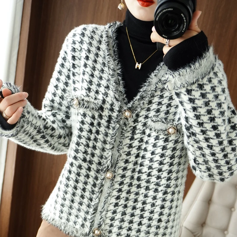 Mink Fleece Fleece Houndstooth Coat Women's Loose And Thick Autumn And Winter New Outer Wear Warm High-end Trend Small Fragrance