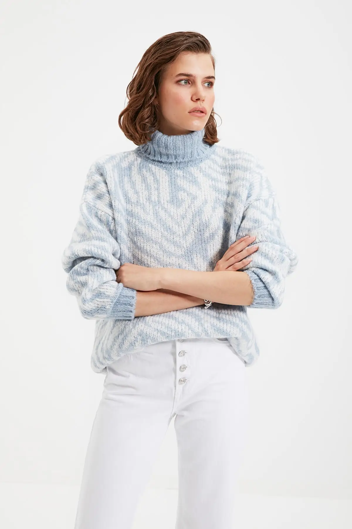 

Blue Turtleneck Jakarlı Knitwear Sweater
