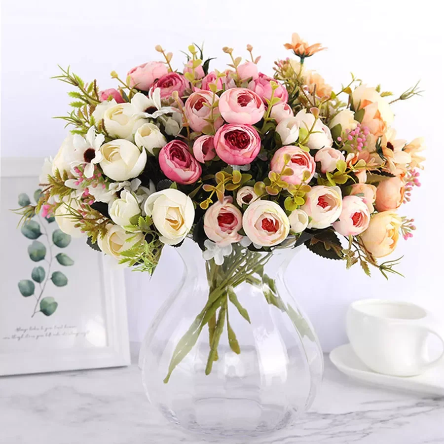 

Silk DIY Daisy Camellia Artificial Flowers Small Rose Bride Bouquet Xmas Party Decor Faux Fake Flowers Wedding Home Decoration
