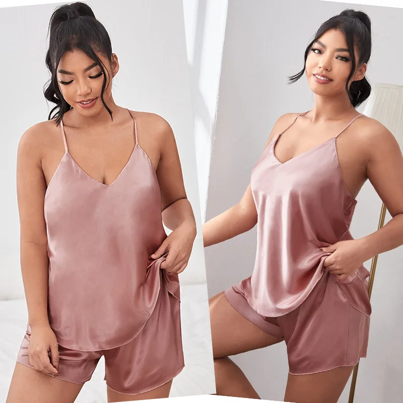 

Sexy V-Neck Backless Big Size Women Homewear Suit New Summer Ice Silk 2PCS Pajamas XL-5XL Loose Nightwear Lingerie Sleepwear