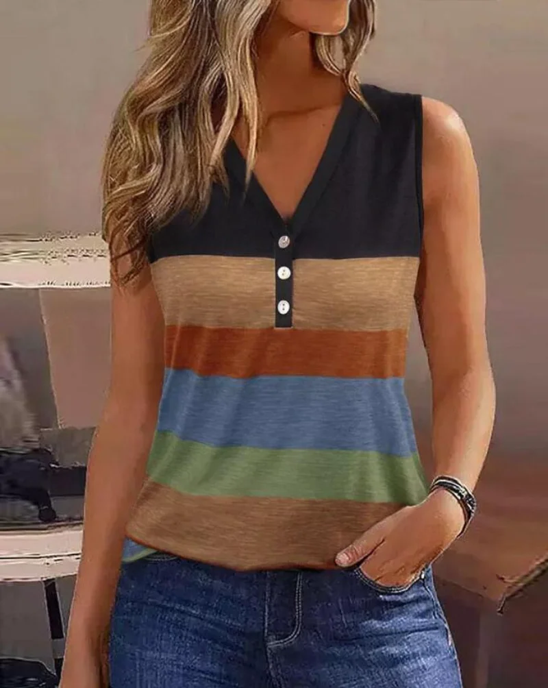 

Colorblock Striped Print Button Detail Tank Top Women V Neck Sleeveless Summer Spring Camis Vest Tanks Tops
