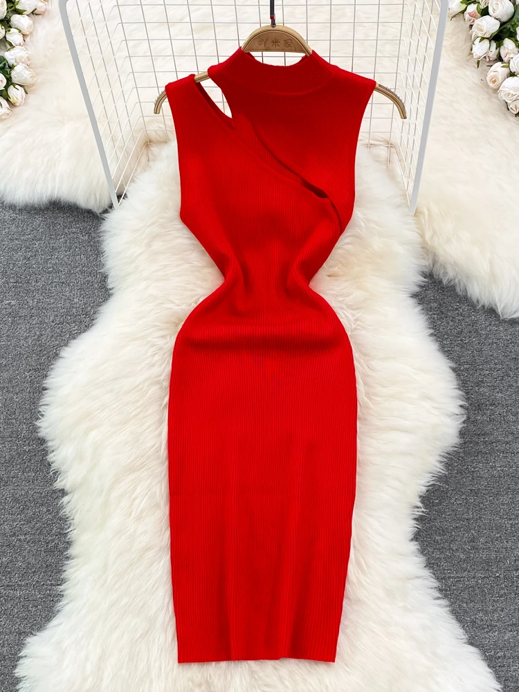 

Hikigawa Chic Fashion Vintage Elegant Stand Collar Y2k Off Shoulder Sleeveless Dresses For Women Slim FIt Knitted Vestidos Mujer