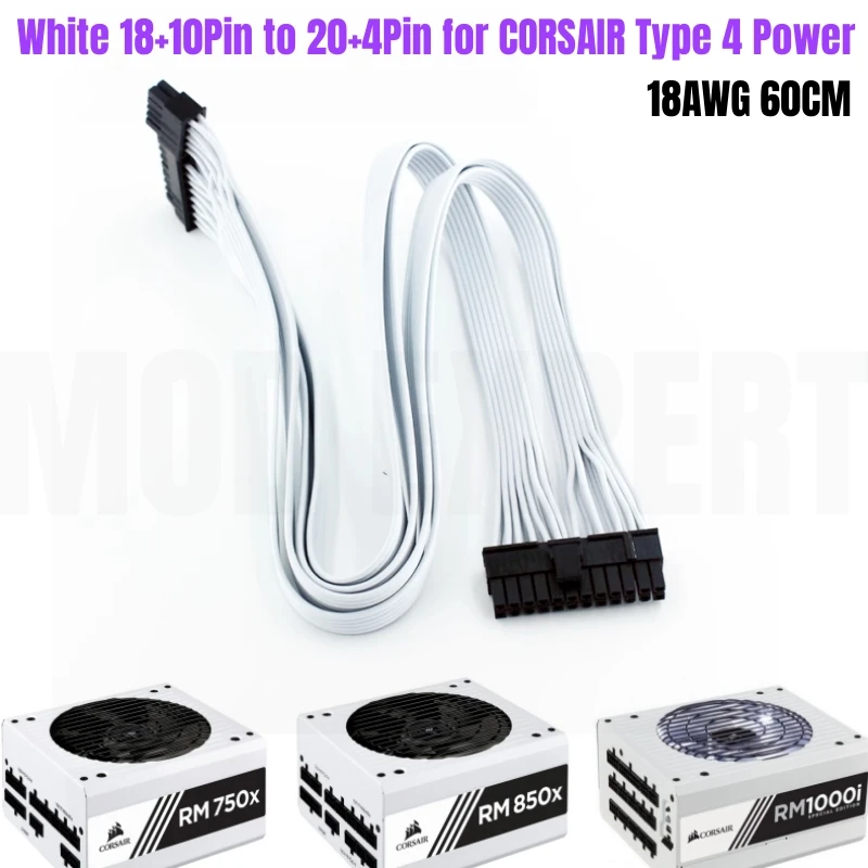 

White 18+10Pin to 20+4Pin 24Pin ATX Main Power Cable for CORSAIR RM750x 750W RM850x 850W RM1000i 1000W Modular PSU 60CM 18AWG