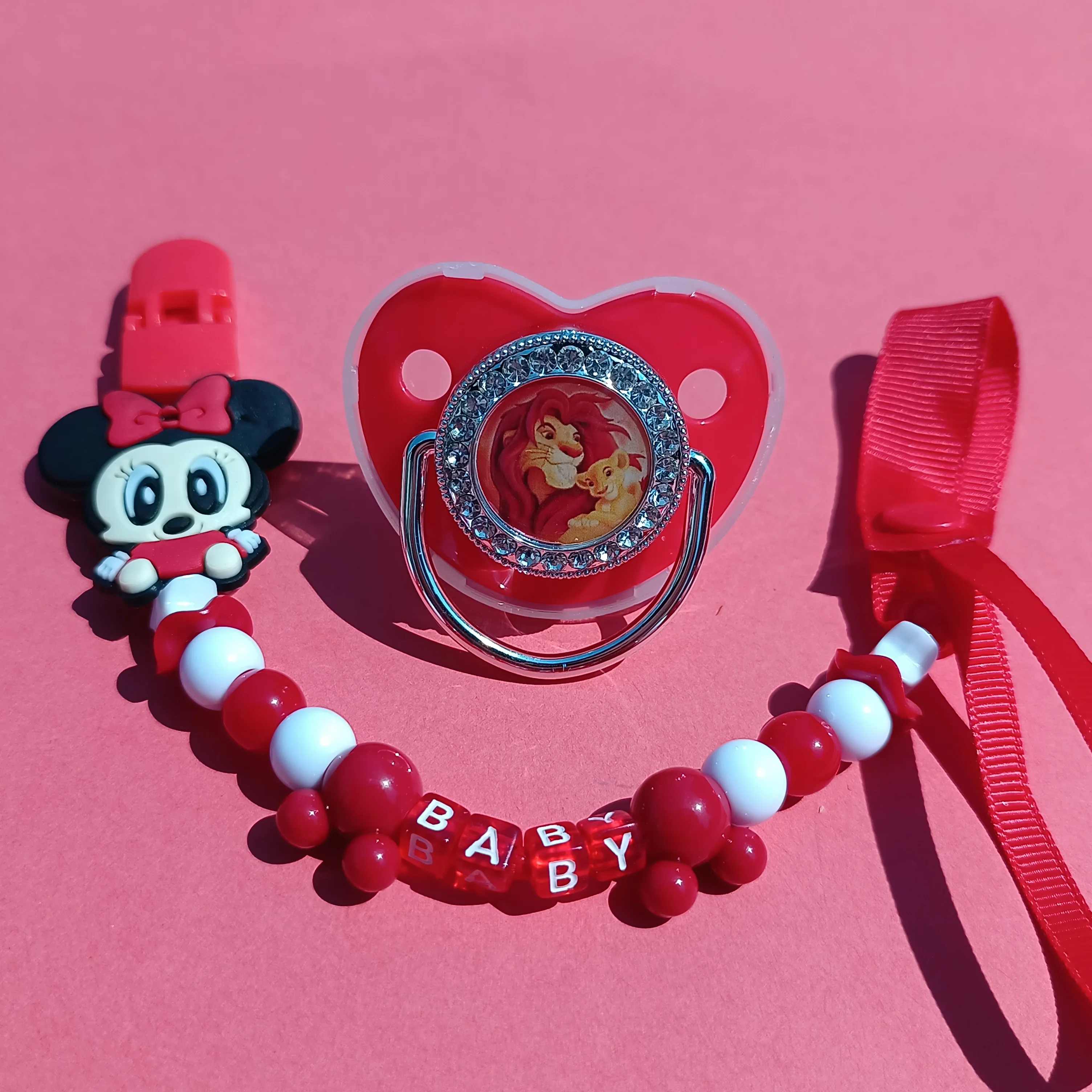 

Luxury Metallic Sliver Baby Stuff Pacifier and Minnie Mouse Beads Clip Holder Infant Dummy Soothing Unique Chewing Toy Babi Care