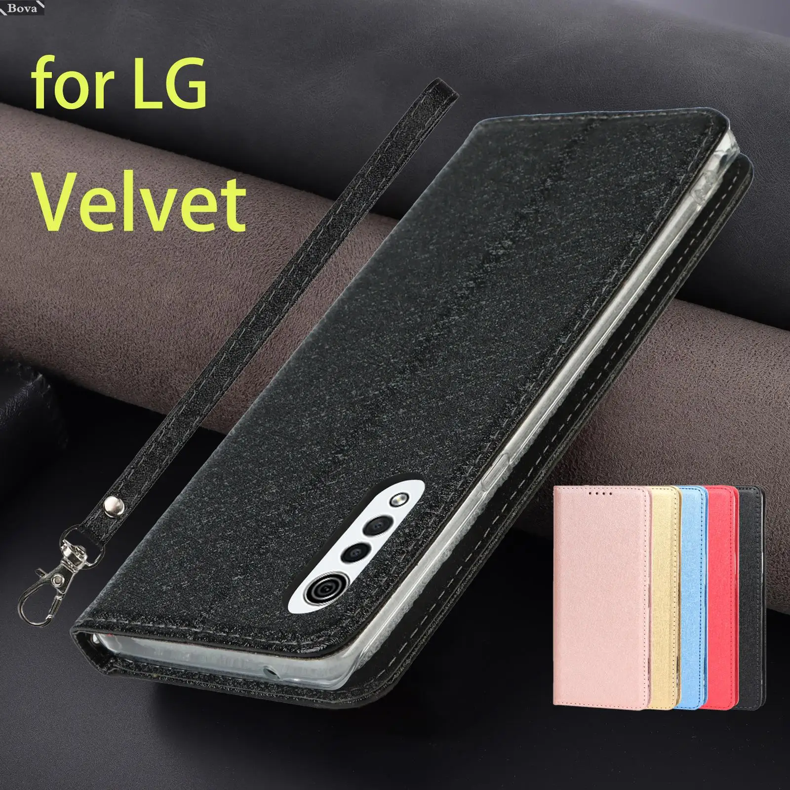 

Silk Style Shine Pu Leather Case for LG VELVET L-52A Flip Case Magnetic Adsorption Frosted Touch Phone Cover + 1 Lanyard