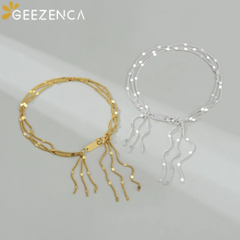

GEEZENCA Pure S925 Silver Sparkling Multilayer Tassel Bracelets Choker Necklaces Shinny Plain Silver Trendy Jewelry Sets Party