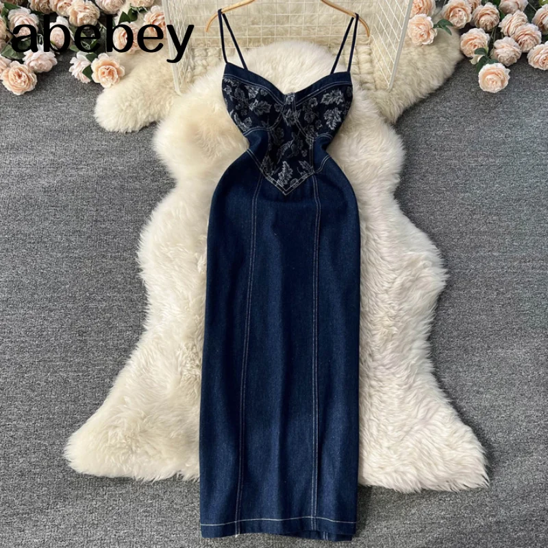 

Women Backless Denim Strap Dress Elastic Ruched Sleeveless Slim Party Dresses Summer Sexy Split Print Long Sundress