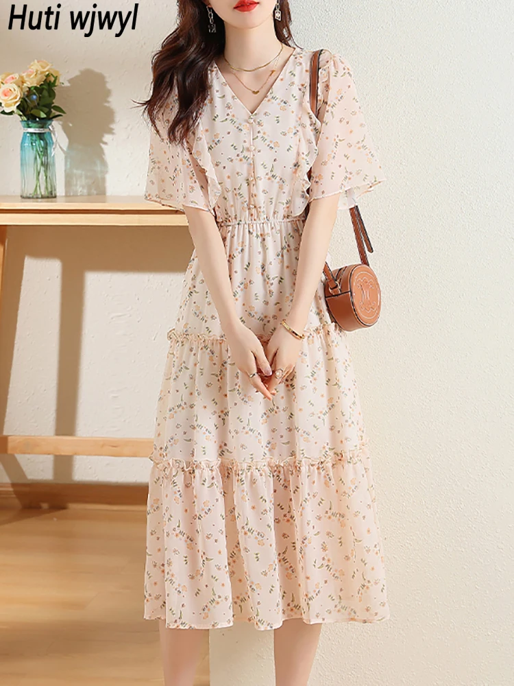

Floral Chiffon Chic Ruffled Casual Beach Dress for Women Summer Short Sleeve Chic Prom Robe 2023 Korean Elegant Party Midi Dress