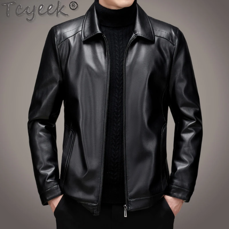 

Tcyeek Cowhide Genuine Leather Jacket Men Clothing Black Short Coats Spring Motorcycle Men's Jacket Plus Size Jaqueta Masculina