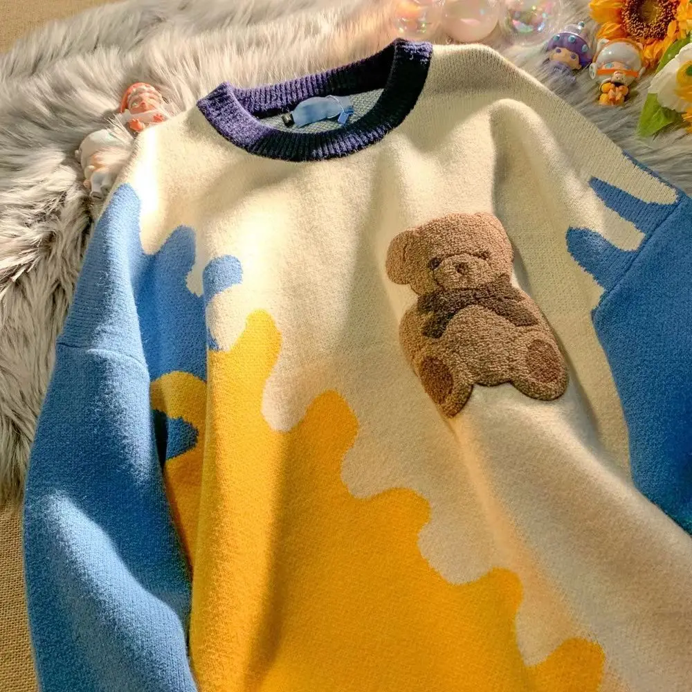 

New Winter Cute Bear Fleece Embroidery Woman Sweaters Harajuku Color Contrast Fashion Aesthetic Sweater Oversized Kawaii Teens