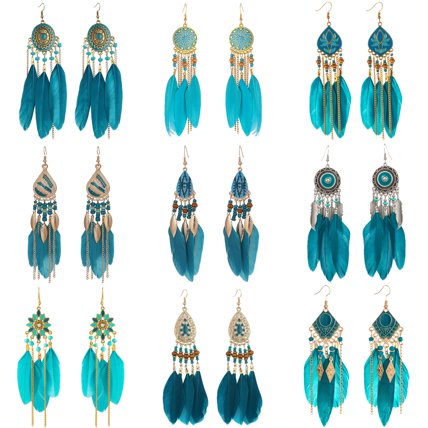 

Peacock Blue Long Feather Earrings for Women Ethnic Fashion Beads Beach Chain Dangle Earrings Femme Party Vacation Boho Jewlery