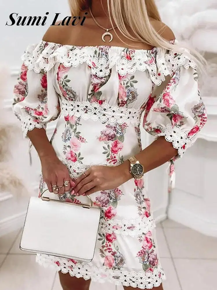 

Women Sweet Floral Print Short Dress Fashion Lace Edge Off Shoulder A-Line Slim Dress 2022 Summer Slash Neck Half Sleeve Dresses