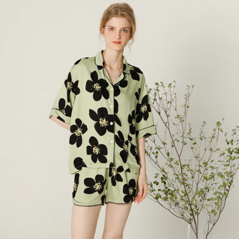 Summer Pajamas Thin Loose Pajama Tribute Satin Short-sleeved Shorts Casual Comfortable Sleepwear Dark Green Print Women Suits