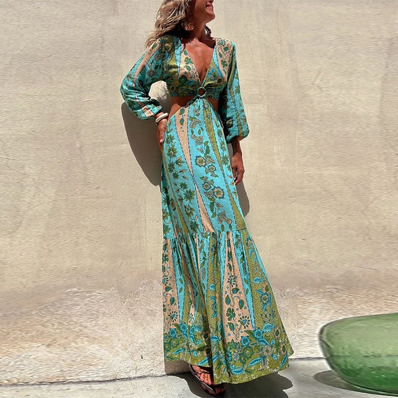 

Элегантное пляжное платье Бохо с глубоким V-образным вырезом и открытой спиной, сексуальное платье с длинным рукавом и принтом, женское обле...