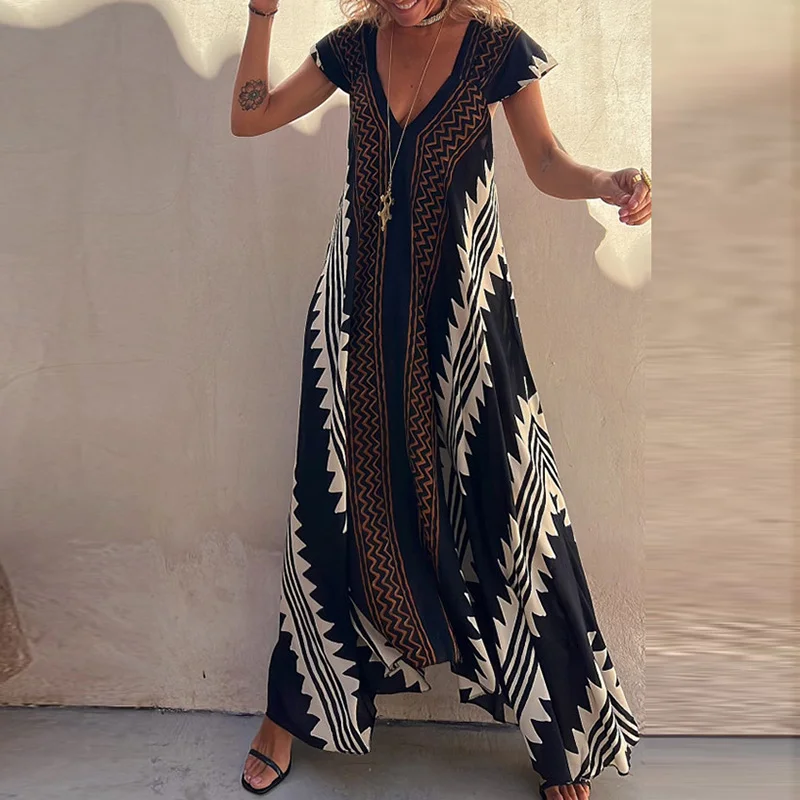 

Vintage Printed Bohemian Dress Sexy Hollow Backless High Waist Long Dress Women 2023 Summer Short Sleeve Loose Vacation Dress