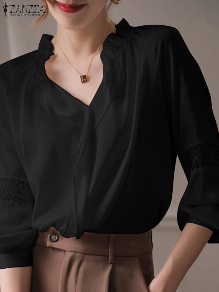 

Однотонная Кружевная туника ZANZEA с V-образным вырезом и длинным рукавом в стиле пэчворк топы с оборками Осенняя женская блузка женская повседневная элегантная офисная рубашка 2023