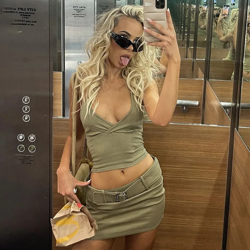 

Women's Sexy V-neck Lace-up Backless Tops Slim Skirts Fashion Set 2 Piece Camisole Miniskirt Suit Matching Sets