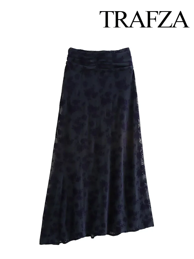 TRAFZA женская шикарная флокированная асимметричная складная тонкая длинная юбка с