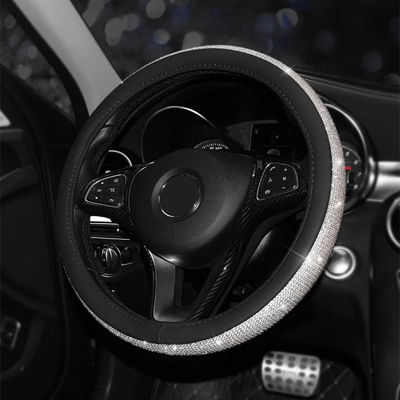 

38cm Crystal Bling Car Steering Wheel Cover Auto Decorations Interior Accessories Women Anti Slip PU Leather Steering Covers