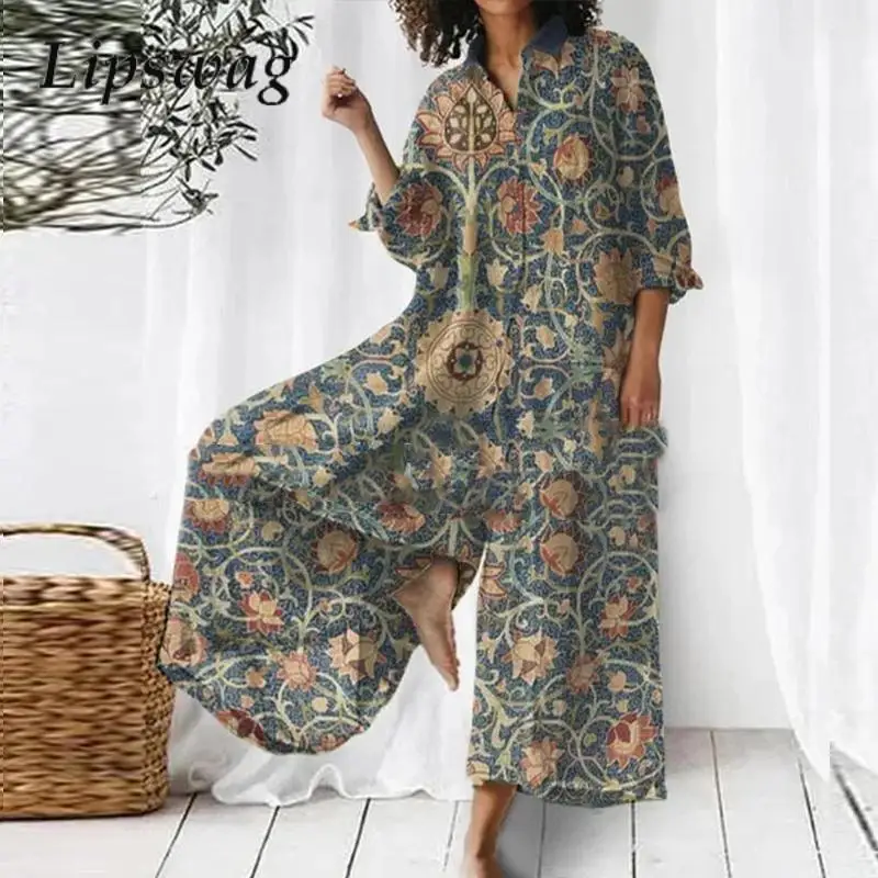 

Women Elegant Print Party Beach Jumpsuit Summer Casual Single-breasted Jumpsuit Vintage Shirt Collar Long Sleeve Wide Leg Pants