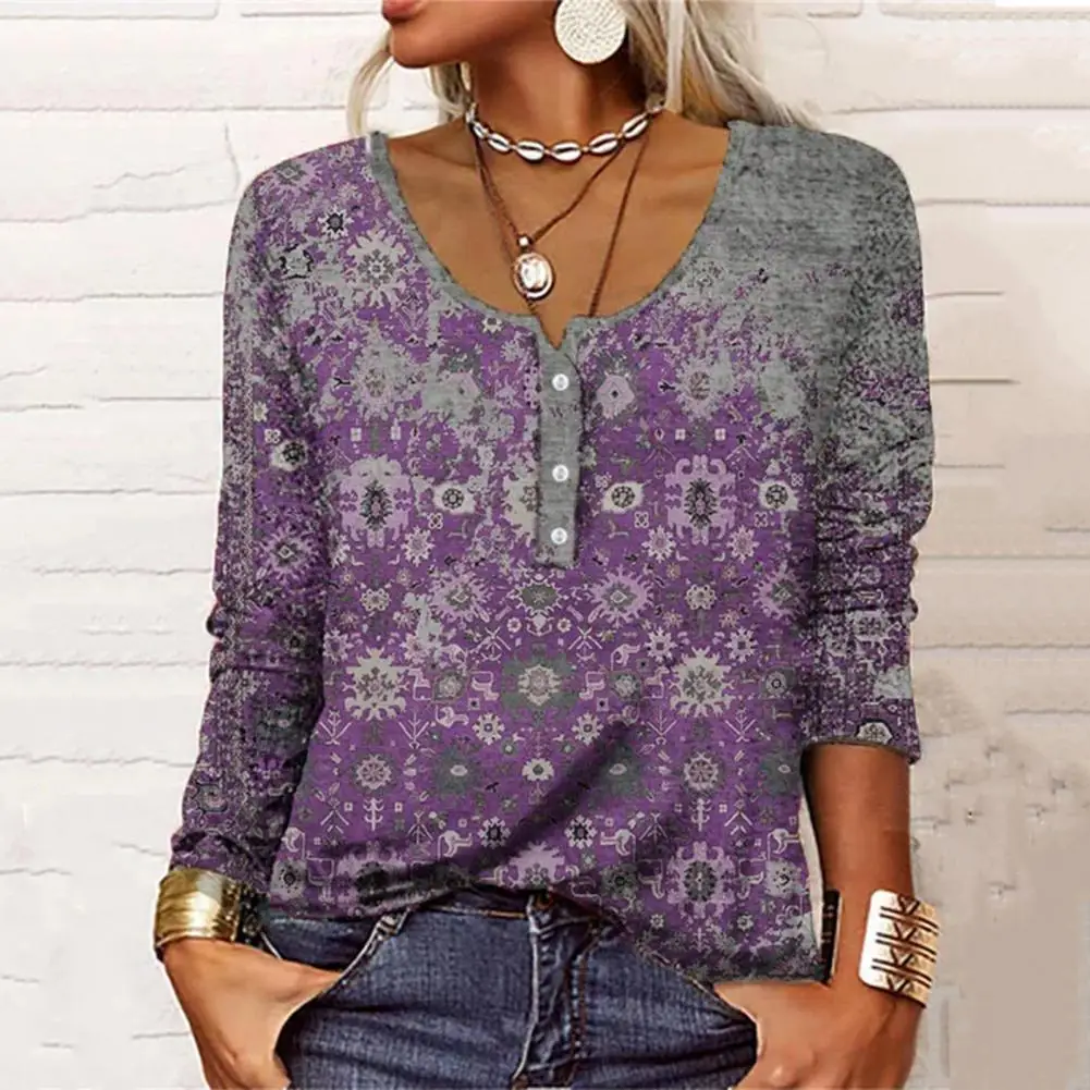 

Chic Spring Blouse U-neck Colorfast Tee Top Floral Print Loose Pullover Top