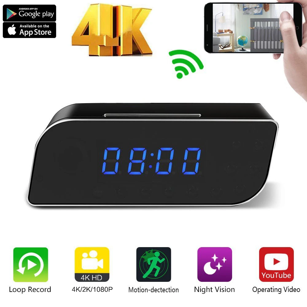 

Clock WiFI Camera 4K 1080P HD Time Display P2P IP/AP Security Night Vision Mini Camcorder Motion Detection Home Secret hidden TF