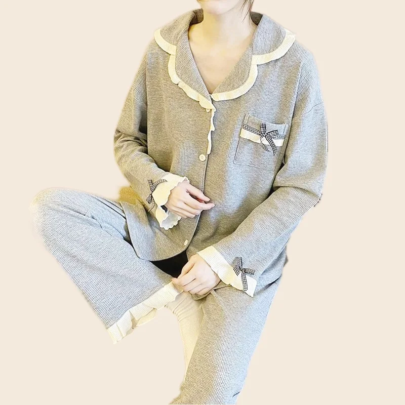 Cute Pajamas Set Full Sleeve T-shirt Long Pants 2Piece/Set Sweet Print Pink Pyjama Big Size Mom Homewear Cozy Plus Sleepwear