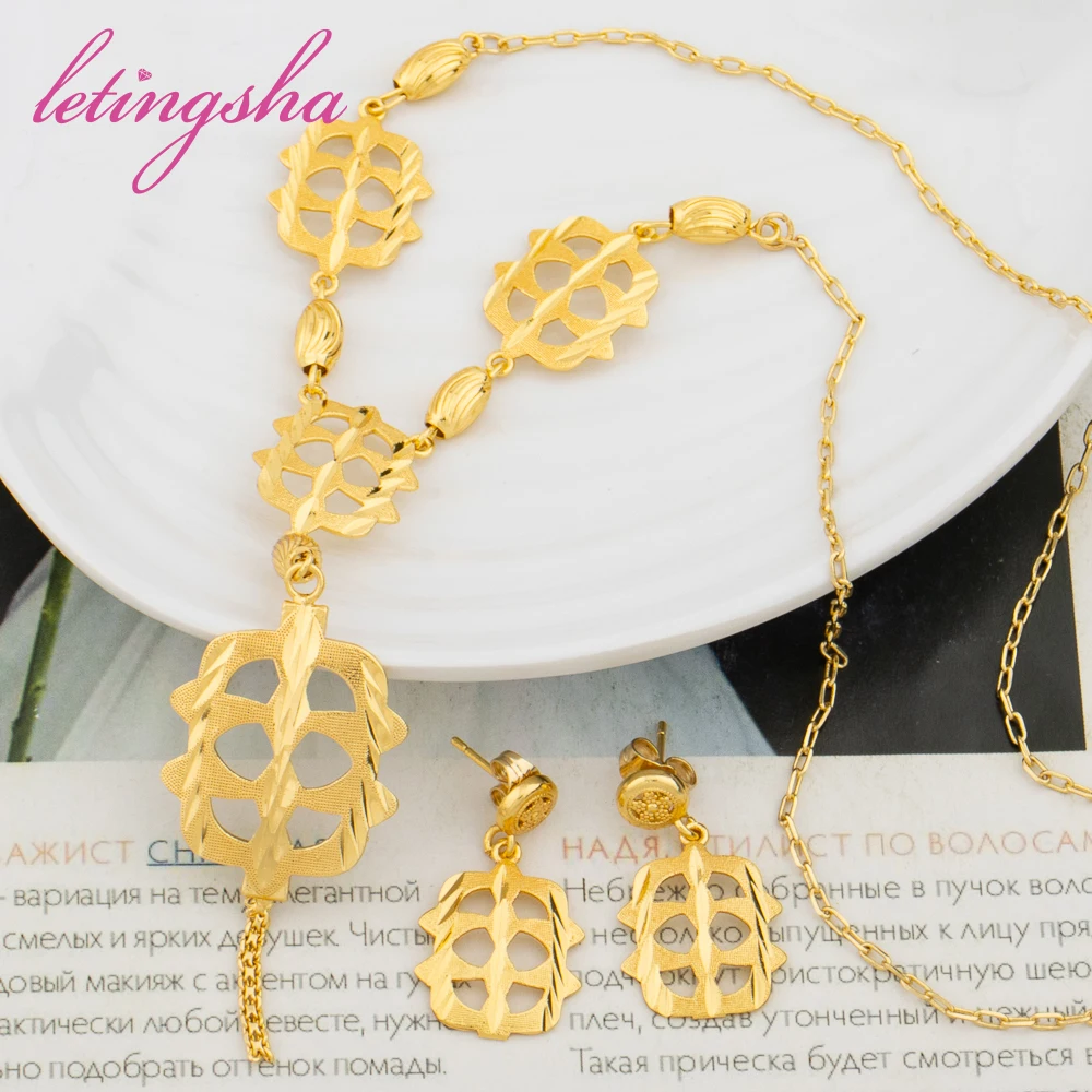 

Gold Color Jewelry Set For Women Ethiopian Fashion Earring African Wedding Necklaces 18k Gold Plated Jewellery Sets Party Gifts