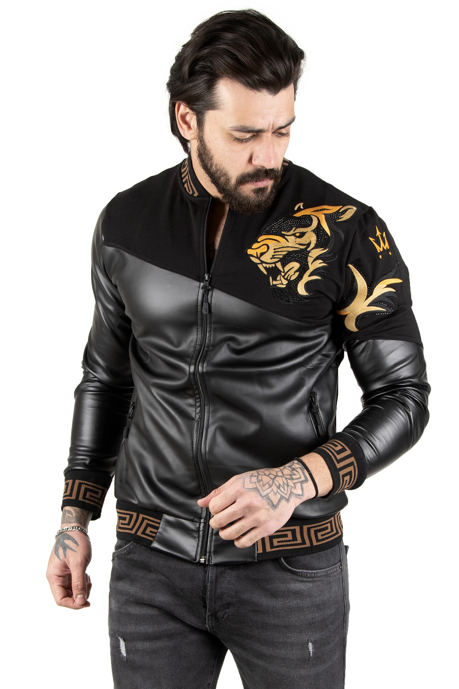 DeepSEA Geometric Pattern Cubic Zirconia Synthetic Leather Men 'S Coat 2200367