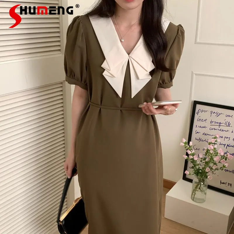 

Женское плиссированное платье средней длины, элегантное платье во французском стиле контрастных цветов с V-образным вырезом и шнуровкой, пр...