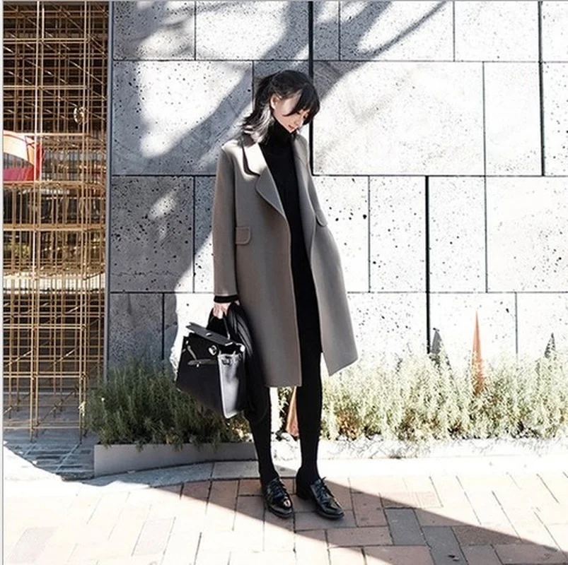 

Double Sided Fashion Cashmere Wool Coats Women Lapel Solid Color Knee-Length Long Outwears Warm Thick Autumn Winter Overwears