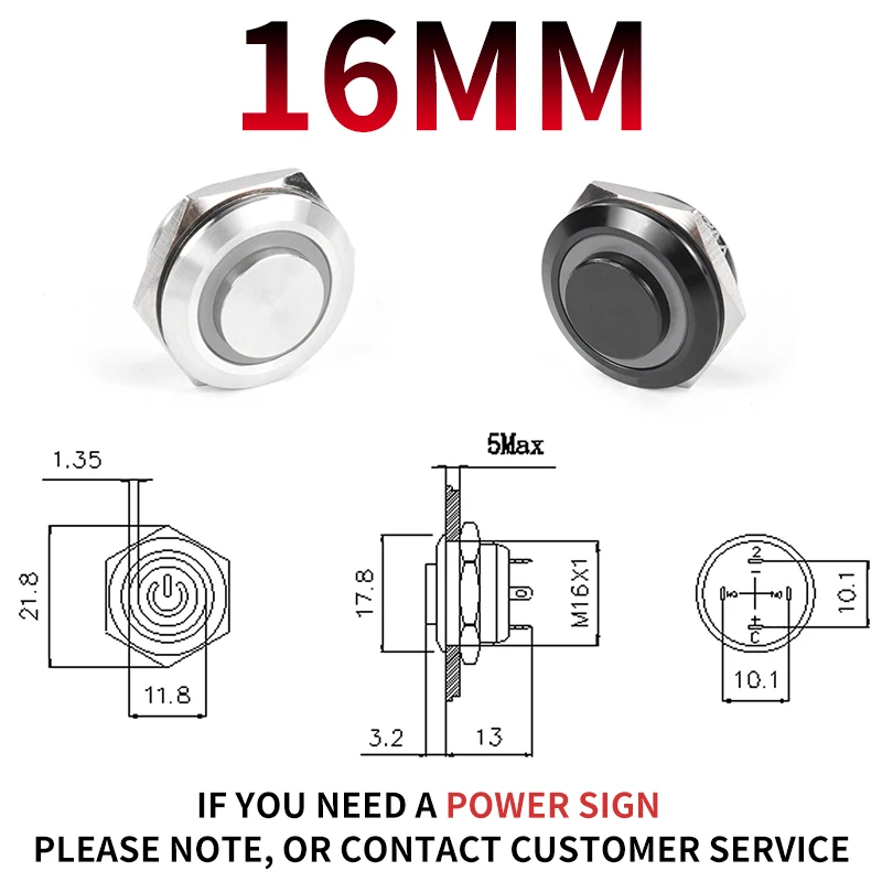 Металлический кнопочный переключатель Pten 12/16/19/22/25/30 мм черный 1NO