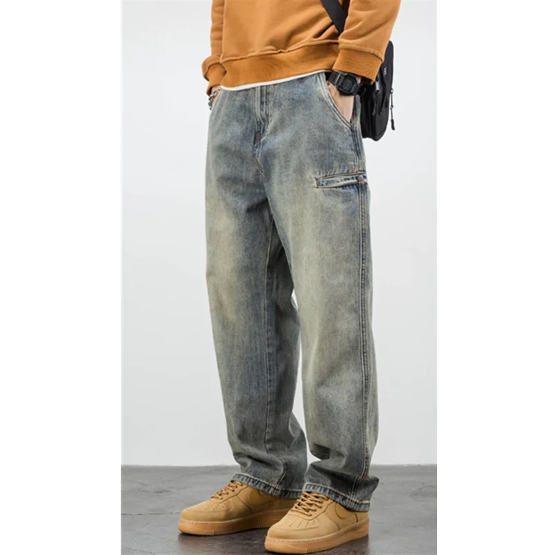 Streetwear Men 2022 New Casual Yellow Mud Dyed Jeans Straight for Men, Loose and Casual Vintage Sag Wide Leg Pants Autumn Female
