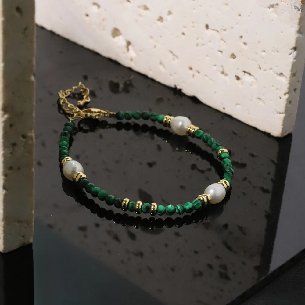Малахитовый браслет из натурального пресноводного жемчуга в стиле ретро