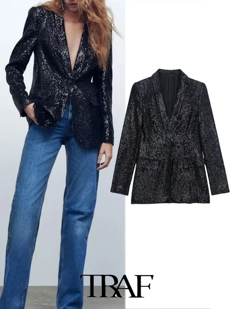 

TRAF 2023 Fashion New Casual Solid Sequins Trim Blazer Women Casual Blazer Woman Elegant Female Suit Jacket