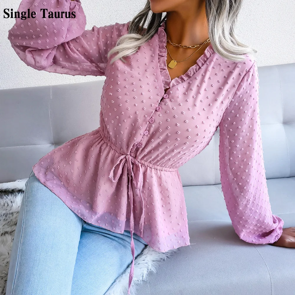 

Fashion Womans Lantern Long Sleeve Ruffles Lace Up Waist Slim Shirts Casual Lady Chiffon Shirt Sexy Elegant Lady Top