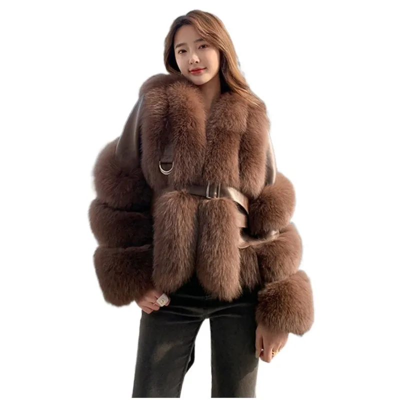 Enlarge Women's Genuine Sheepskin Leather Jackets With Fox Fur Winter Thicken Warm Coats Fashion Ladies Cold -Resistant Casual Overcoats