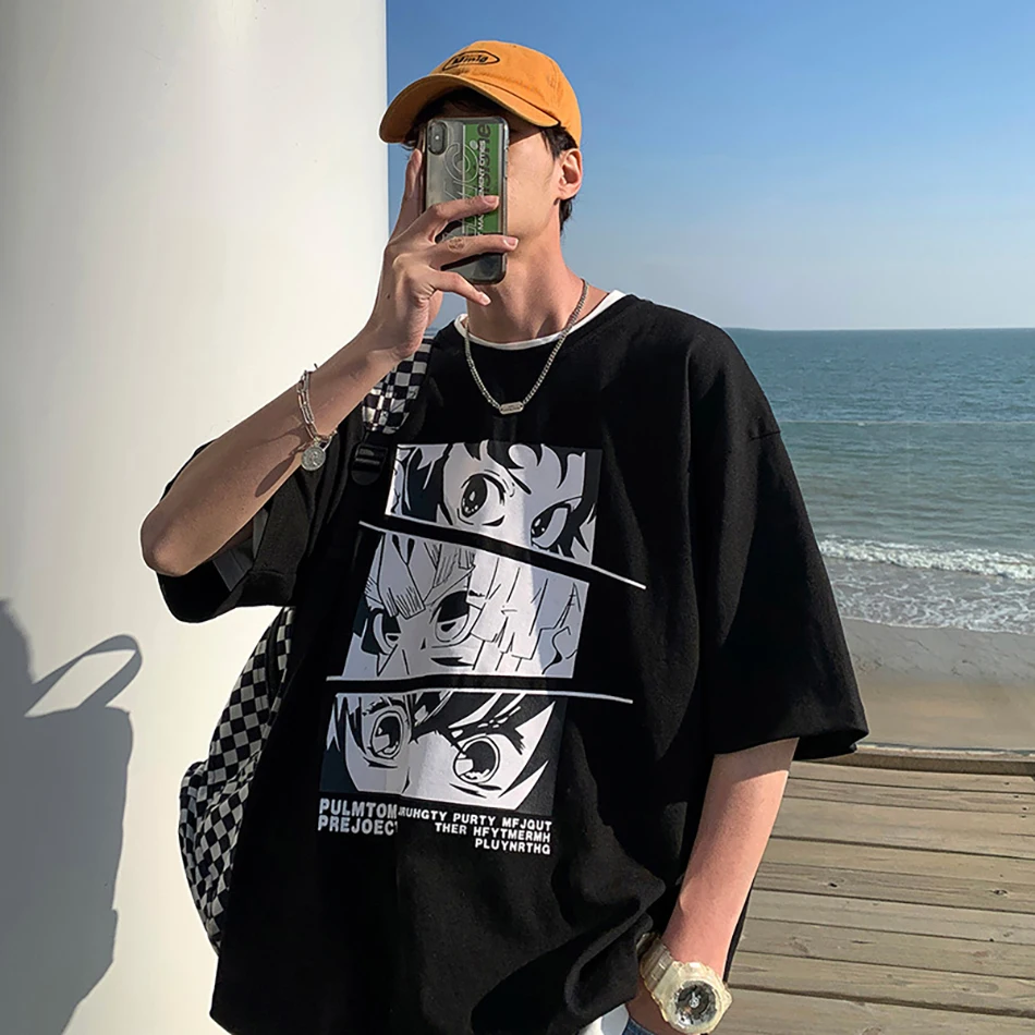 

Новинка 2022, модная летняя свободная Мужская футболка, футболка оверсайз с аниме принтом в стиле хип-хоп, повседневная хлопковая футболка с к...