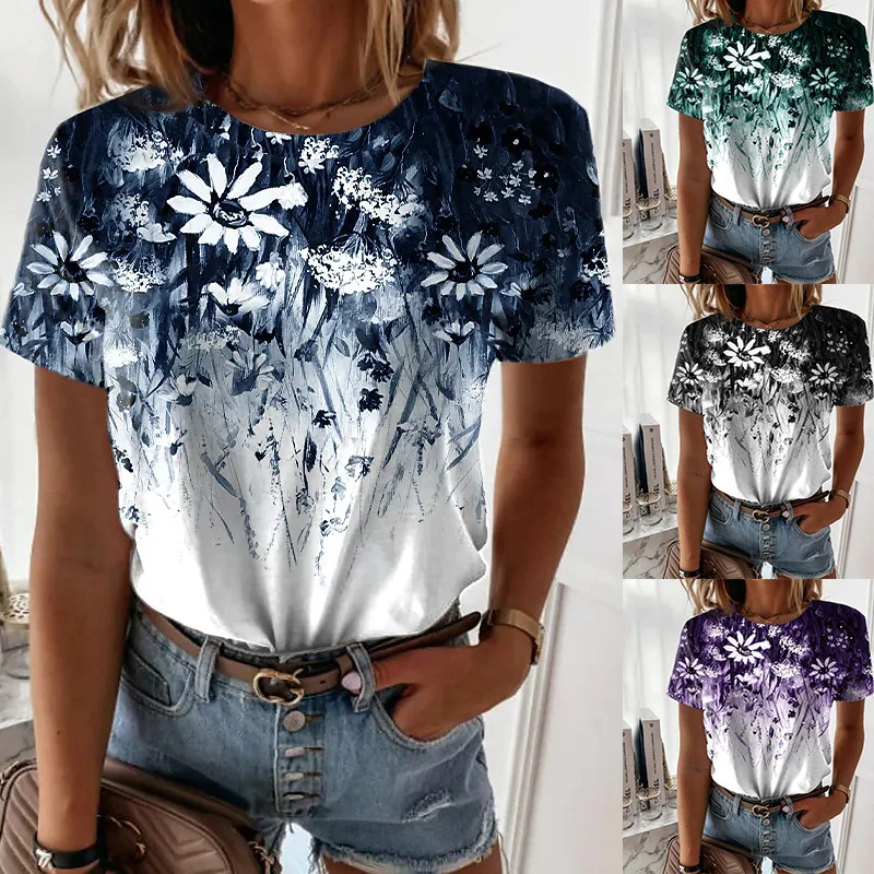 

2022 Summer Women's Floral Theme Painting T-shirt Floral Graphic Print Round Neck Basic Tops Loose Shirt New