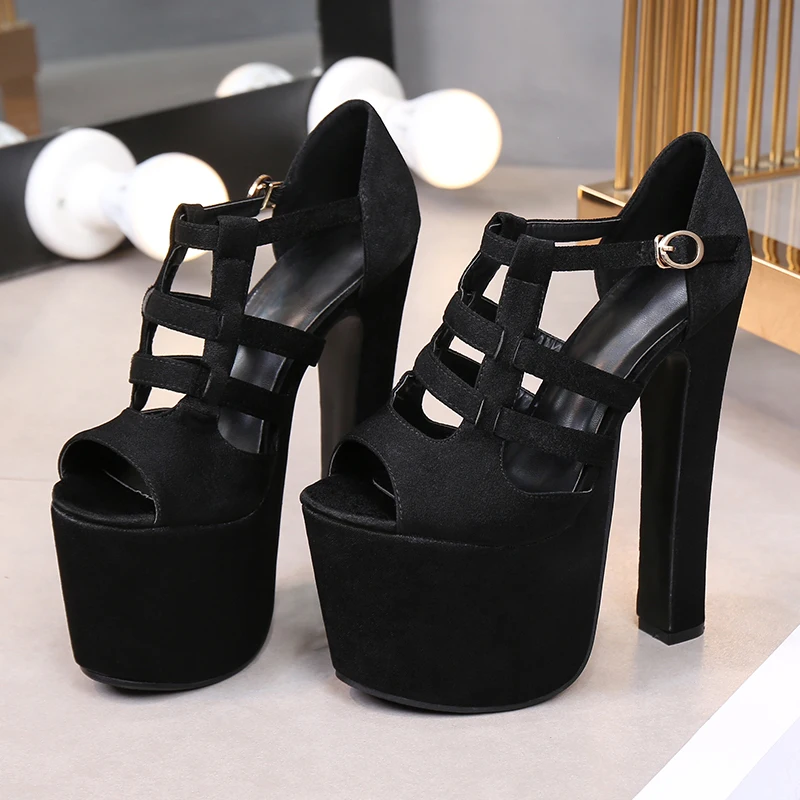 

Fashion Chunky Heels Thick High Heeled Sandals Summer New Sexy Cross Strap Buckle Peep Toe Women's Black Platform Shoes