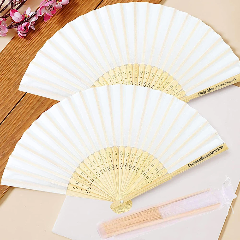 

20 /80 PCS Personalized Engraved White Folding Elegant Silk Hand Fan with Gift Bag Wedding for Party Favor DIY Hawaiian Party