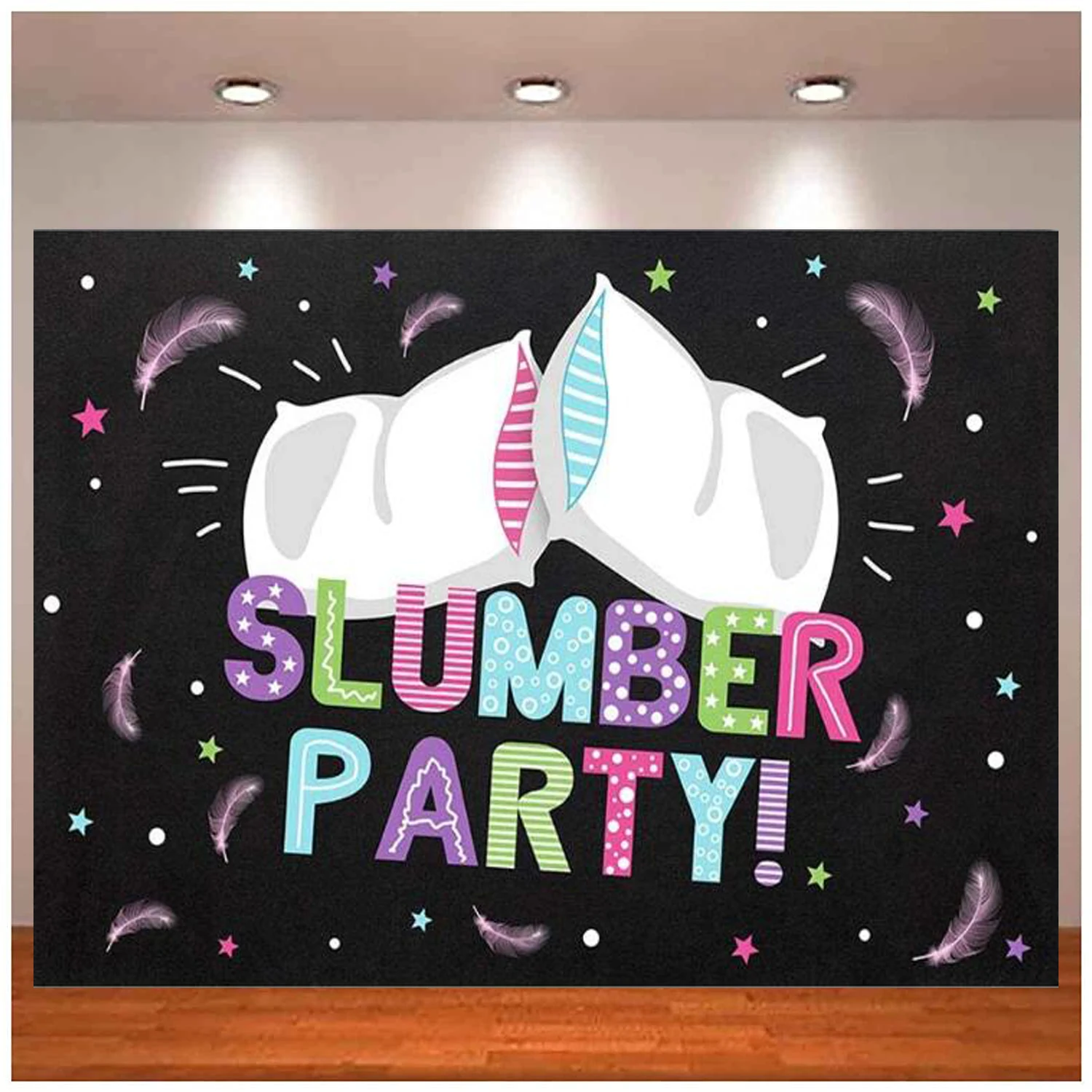 

Slumber Birthday Party Decor Photo Background Banner Colorful Pajama Girls Sleepover Pillow Fight Black Photography Backdrop