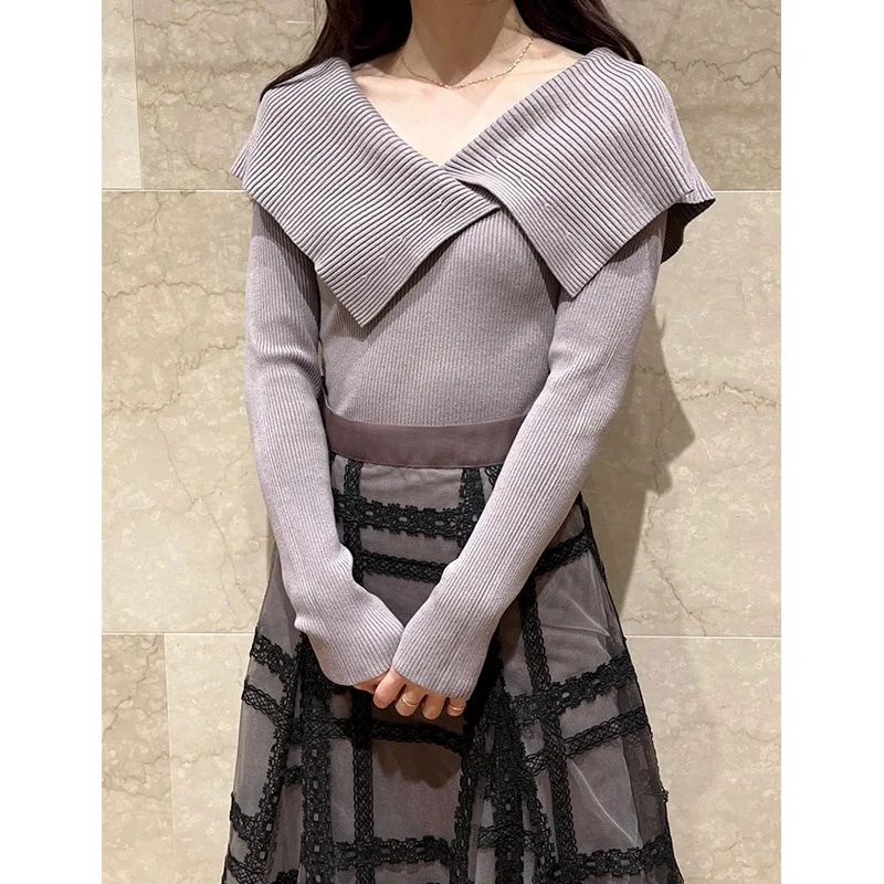 

Kuzuwata 2021 элегантные модные новые дизайнерские женские свитера, синий воротник, лацкан, длинный рукав, тонкий вязаный пуловер, японские кавай...